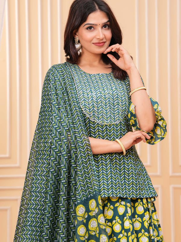 Women Ethnic Motifs Printed Cotton A-Line Kurti with Skirt & Dupatta