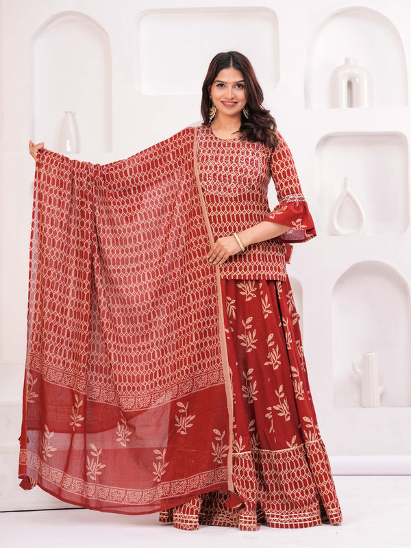Women Ethnic Motifs Printed Cotton A-Line Kurti with Skirt & Dupatta