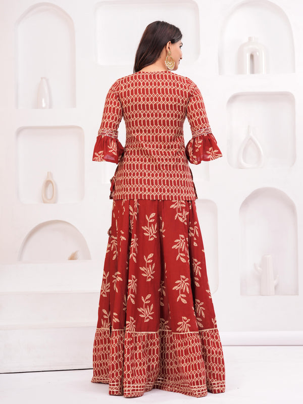 Women Ethnic Motifs Printed Cotton A-Line Kurti with Skirt & Dupatta