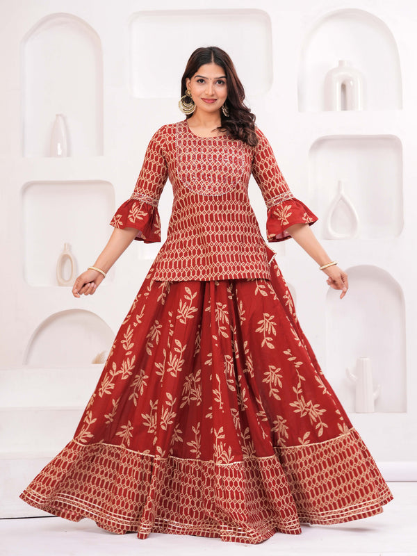 Women Ethnic Motifs Printed Cotton A-Line Kurti with Skirt & Dupatta