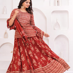 Women Ethnic Motifs Printed Cotton A-Line Kurti with Skirt & Dupatta