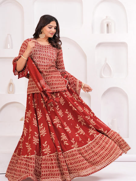 Women Ethnic Motifs Printed Cotton A-Line Kurti with Skirt & Dupatta