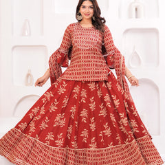 Women Ethnic Motifs Printed Cotton A-Line Kurti with Skirt & Dupatta