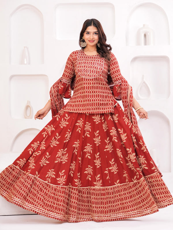 Women Ethnic Motifs Printed Cotton A-Line Kurti with Skirt & Dupatta