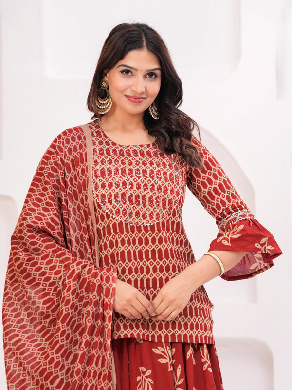 Women Ethnic Motifs Printed Cotton A-Line Kurti with Skirt & Dupatta