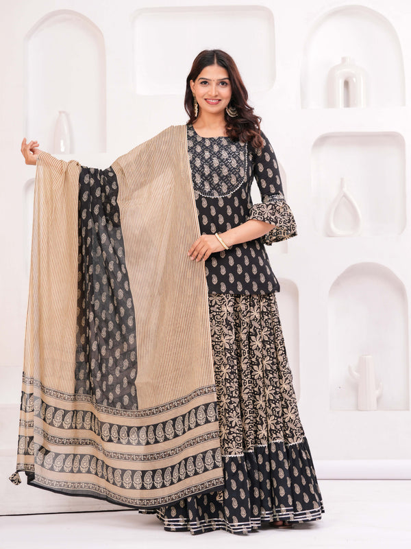 Women Paisley Printed Cotton Kurti with Skirt & Dupatta