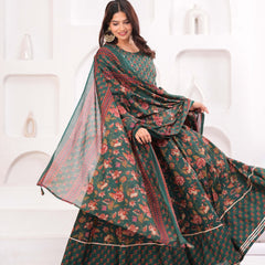 Women Floral Printed Cotton A-Line Kurti with Skirt & Dupatta