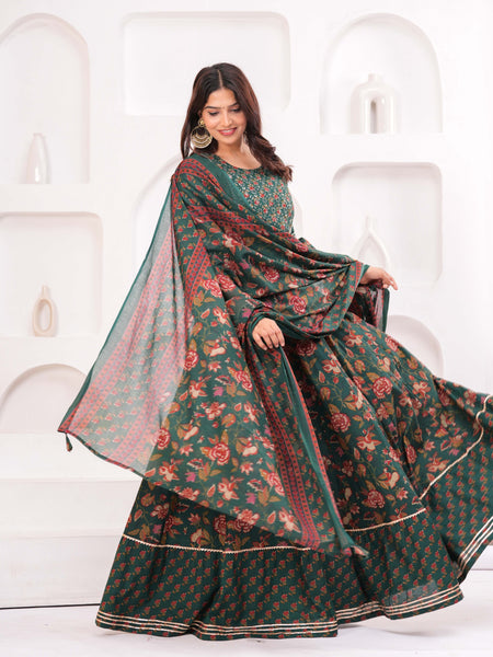 Women Floral Printed Cotton A-Line Kurti with Skirt & Dupatta