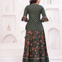 Women Floral Printed Cotton A-Line Kurti with Skirt & Dupatta
