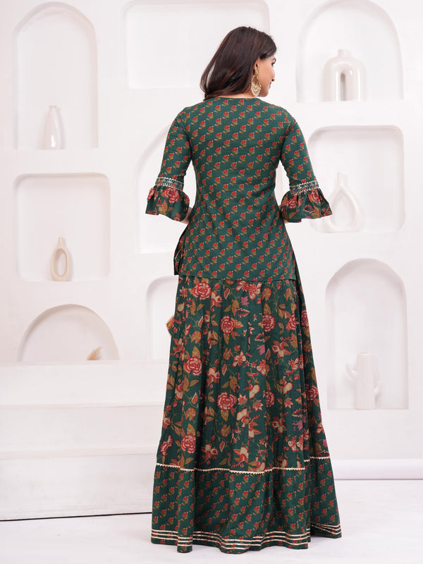 Women Floral Printed Cotton A-Line Kurti with Skirt & Dupatta