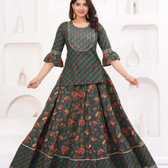 Women Floral Printed Cotton A-Line Kurti with Skirt & Dupatta