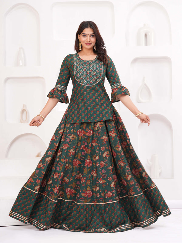 Women Floral Printed Cotton A-Line Kurti with Skirt & Dupatta