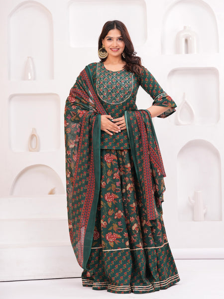Women Floral Printed Cotton A-Line Kurti with Skirt & Dupatta