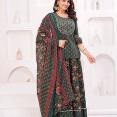 Women Floral Printed Cotton A-Line Kurti with Skirt & Dupatta