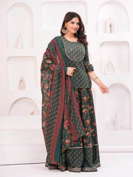 Women Floral Printed Cotton A-Line Kurti with Skirt & Dupatta