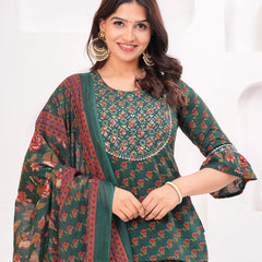 Women Floral Printed Cotton A-Line Kurti with Skirt & Dupatta