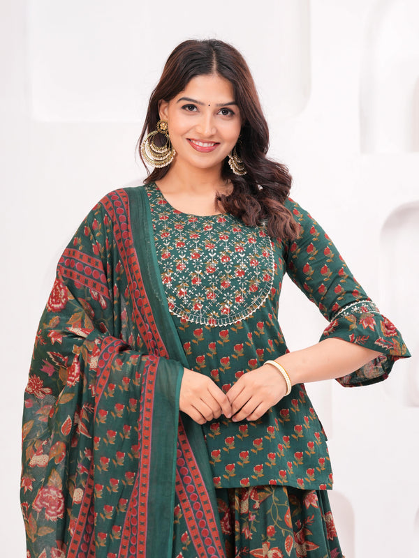 Women Floral Printed Cotton A-Line Kurti with Skirt & Dupatta