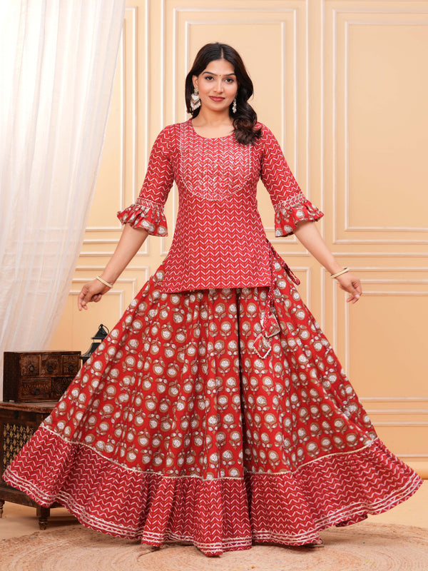Women Floral Printed Regular Pure Cotton Kurti with Skirt & Dupatta