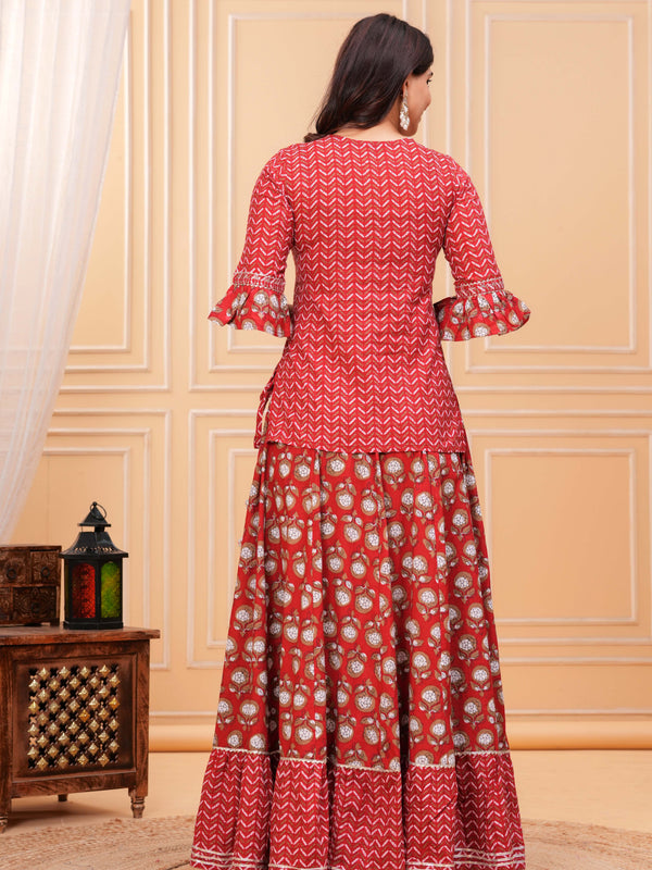 Women Floral Printed Regular Pure Cotton Kurti with Skirt & Dupatta