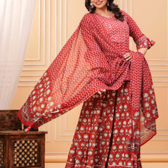 Women Floral Printed Regular Pure Cotton Kurti with Skirt & Dupatta