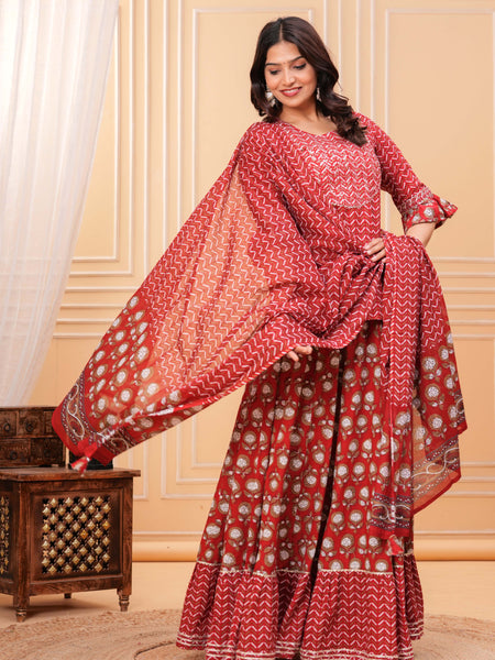 Women Floral Printed Regular Pure Cotton Kurti with Skirt & Dupatta