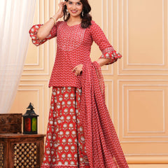 Women Floral Printed Regular Pure Cotton Kurti with Skirt & Dupatta