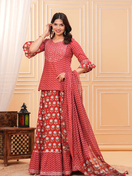 Women Floral Printed Regular Pure Cotton Kurti with Skirt & Dupatta