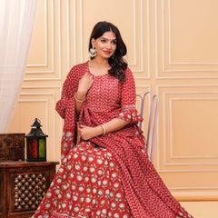 Women Floral Printed Regular Pure Cotton Kurti with Skirt & Dupatta
