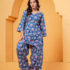 Women's Blue Printed Cotton Kurti Farshi Salwar Set