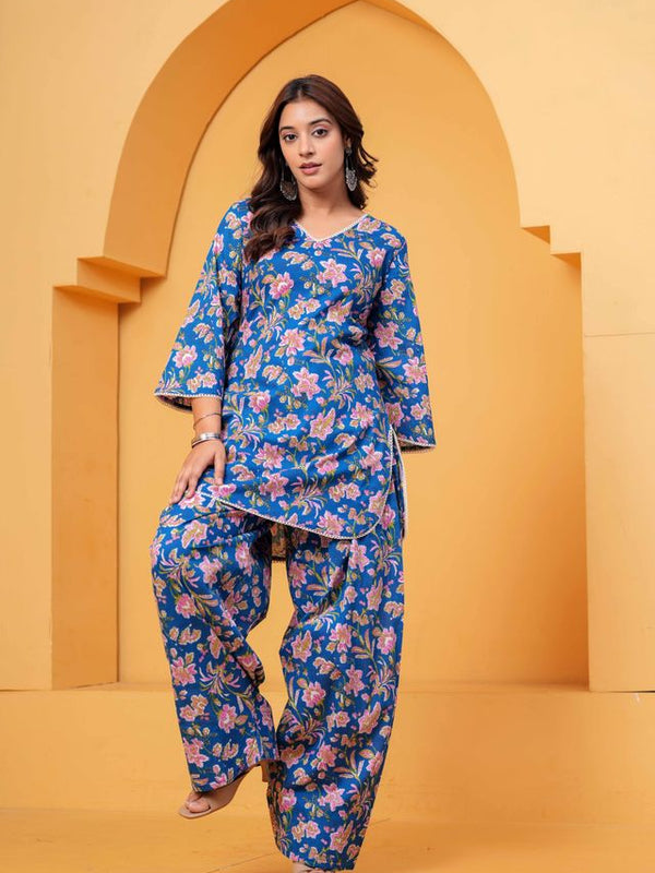 Women's Blue Printed Cotton Kurti Farshi Salwar Set