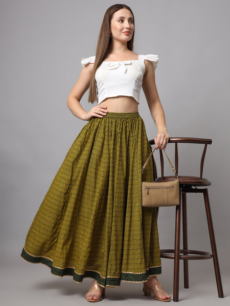 Green Flared Maxi Skirt Standing