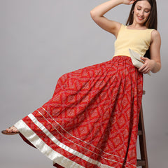 Red Flared Maxi Skirt Sitting