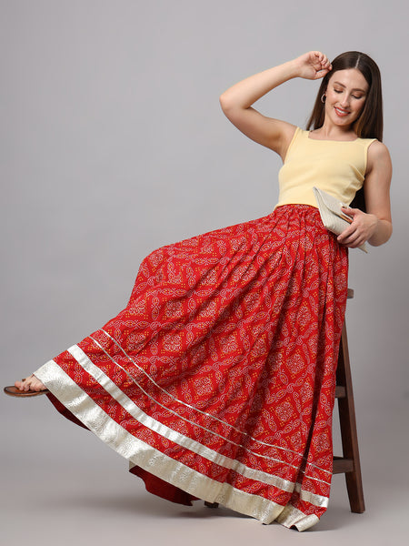 Red Flared Maxi Skirt Sitting