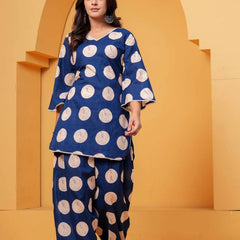 Women's Blue Printed Pure Cotton Kurti Farshi Salwar Set