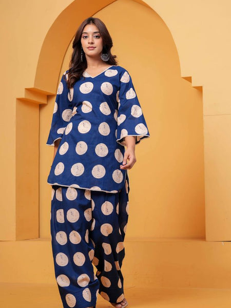 Women's Blue Printed Pure Cotton Kurti Farshi Salwar Set