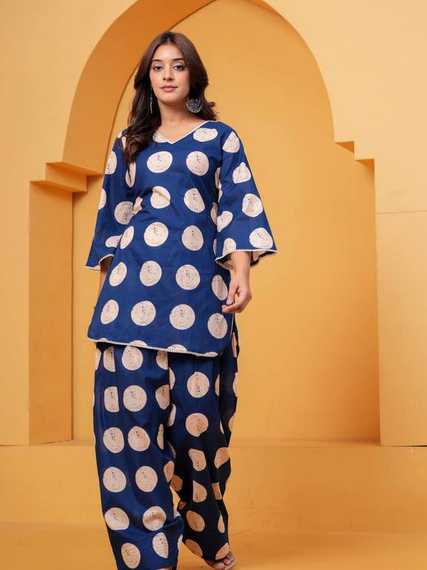 Women's Blue Printed Pure Cotton Kurti Farshi Salwar Set