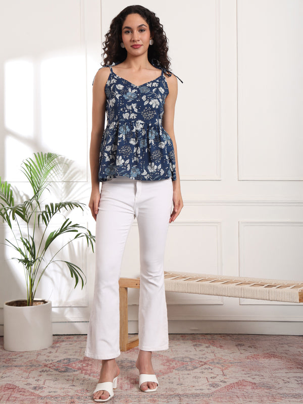 Floral Print Cotton Peplum Top 