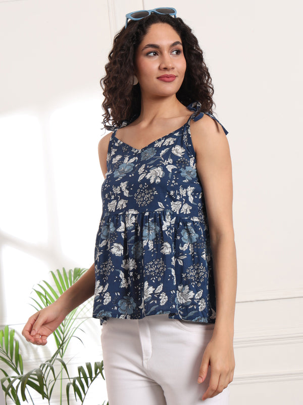 Floral Print Cotton Peplum Top Side View