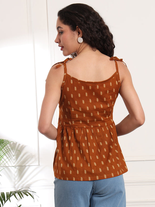 Brown Print Cotton Peplum Top Back