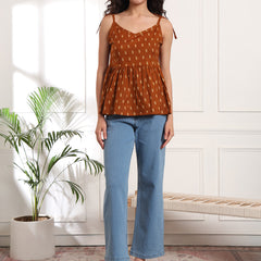 Brown Print Cotton Peplum Top