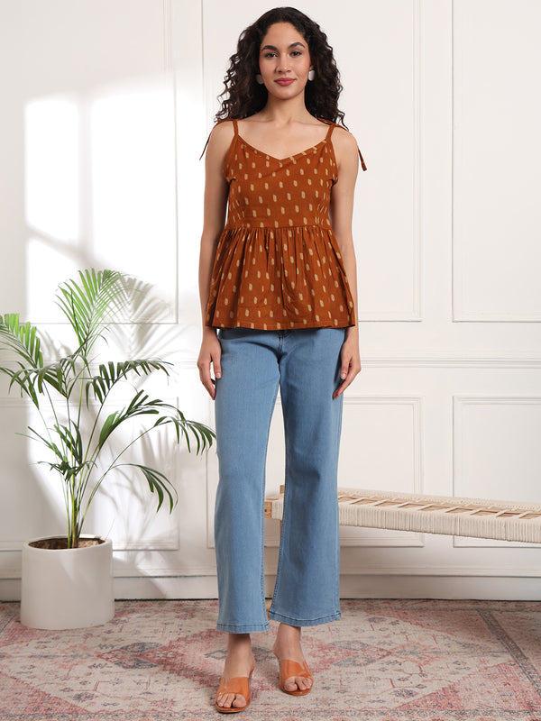 Brown Print Cotton Peplum Top
