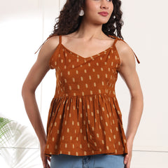 Brown Print Cotton Peplum Top Front