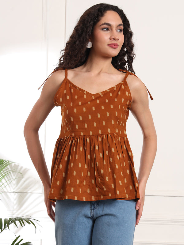 Brown Print Cotton Peplum Top Front
