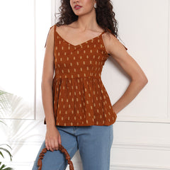 Brown Print Cotton Peplum Top Front View
