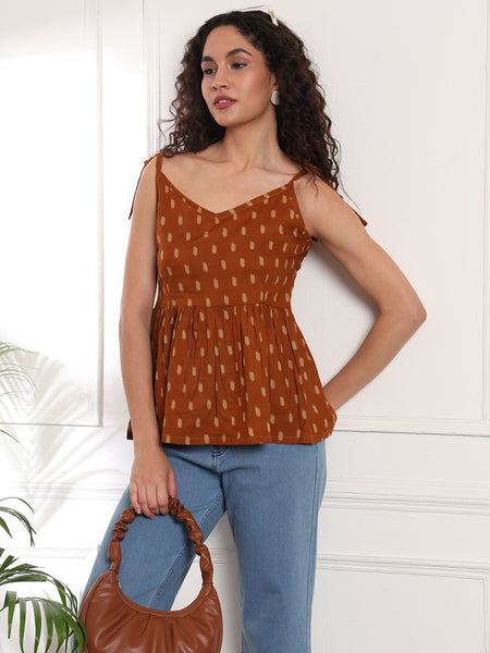 Brown Print Cotton Peplum Top Front View