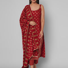 Red Ethnic Motif Kurti Set with Dupatta