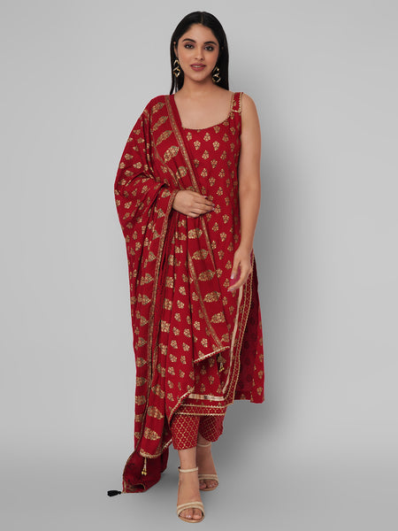 Red Ethnic Motif Kurti Set with Dupatta