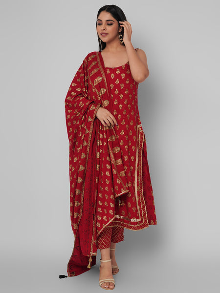 Red Ethnic Motif Kurti Set with Dupatta