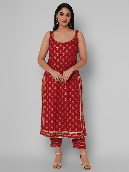 Red Ethnic Motif Kurti Set with Dupatta