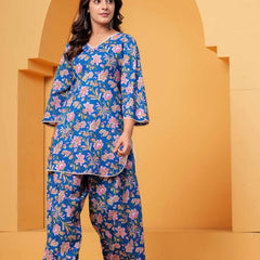Women's Blue Printed Cotton Kurti Farshi Salwar Set